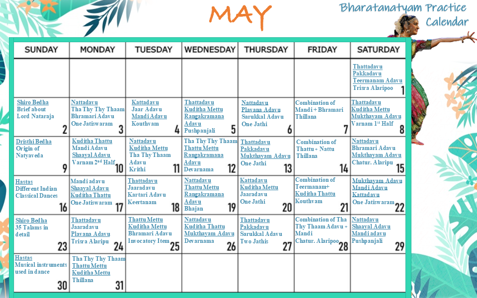Bharatanatyam Practice Calendar